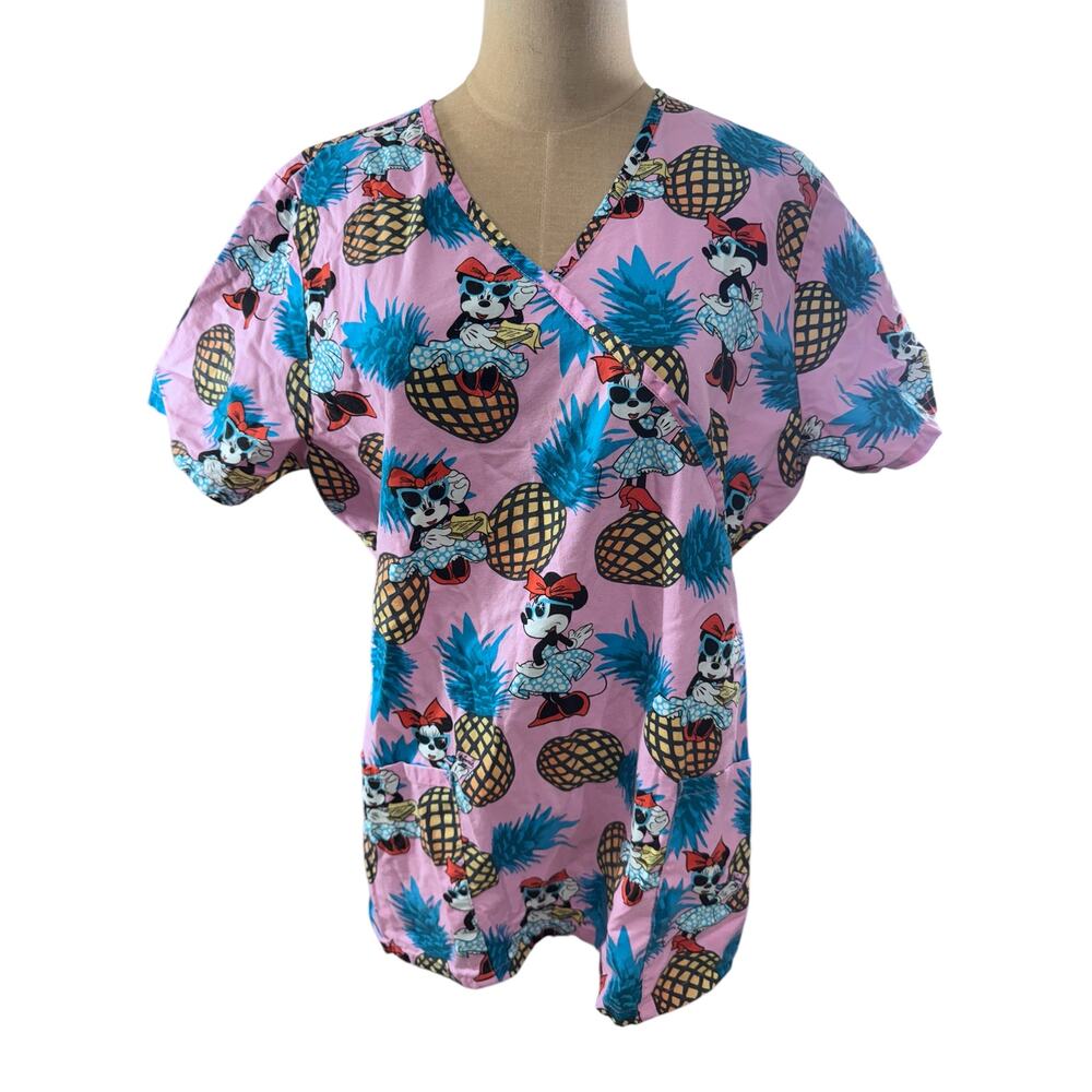 "DISNEY" Minnie Mouse‎ W/Pineapples Scrub Top Shirt SZ L Nurse Kids Peeds Pink
